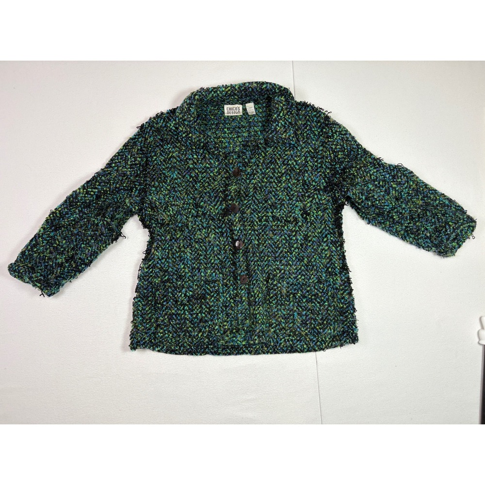Chicos Design Vintage Multi Color Eyelash Tweed Knit Button Cardigan Jacket Sz 2